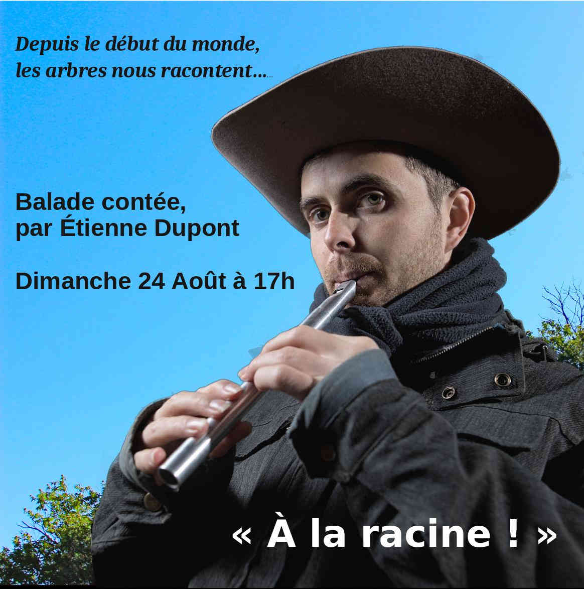 Affiche de spectacle. Un homme avec un chapeau joue de la flute. Derrière lui le ciel bleu et une forêt. Autres informations sur le texte à côté.